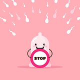 Vector cartoon condom illustration with stop sign and sperms.