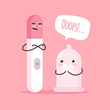 Vector cartoon illustration with condom and positive pregnancy test