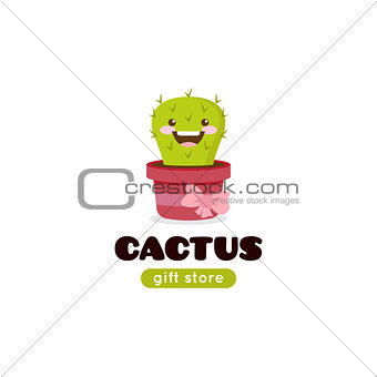 Vector cartoon cactus mascot logo for gift shop.