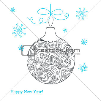 Christmas card with hand drawn decorated ball