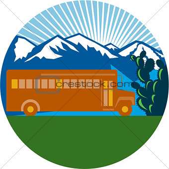 School Bus Vintage Cactus Mountains Circle Retro