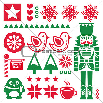 Christmas red and pattern with nutcracker - folk art style