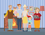Big modern family at home vector illustration