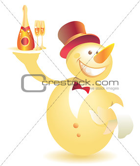Snowman-waiter with champagne gold