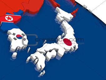 Japan on 3D map with flags