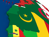 Mauritania on 3D map with flags