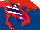 Laos and Cambodia on 3D map with flags