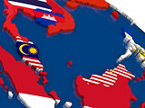 Malaysia on 3D map with flags