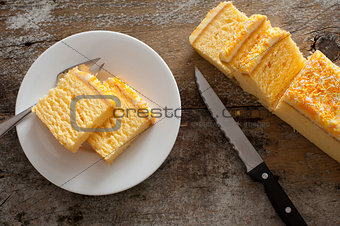Overhead view of mouth watering yellow cake