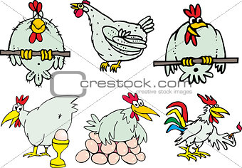 Set of funny hen birds and roosters