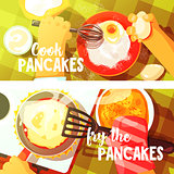 Pancakes Cooking Two Bright Color Illustrations.