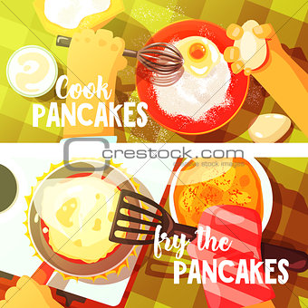 Pancakes Cooking Two Bright Color Illustrations.