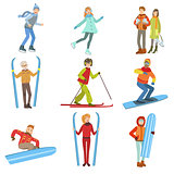 People And Winter Sports Illustration Set