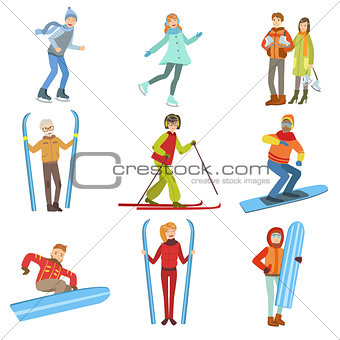 People And Winter Sports Illustration Set