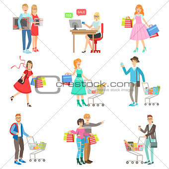People Shopping For Clothes And Grocery