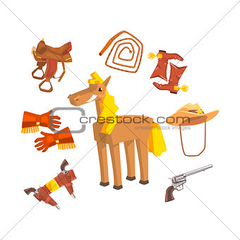 Horse Surrounded With Cowboy Disguise Related Objects Drawing On White Background