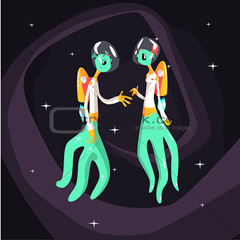 Two Green Extraterrestrial Beings In Space Suits