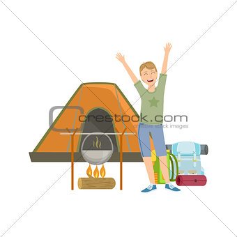 Cheerful Man With Tent, Bonfire And Backpack