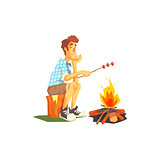 Guy Frying Meat On Camp Bonfire