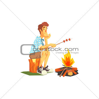 Guy Frying Meat On Camp Bonfire
