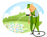 Watering flowers with a hose