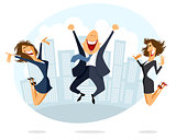 Businessman and businesswoman jumping