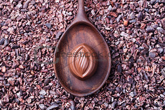 Chocolate candy in a wooden spoon
