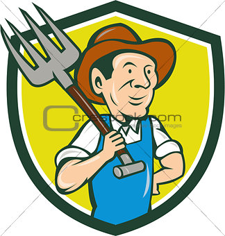 Farmer Holding Pitchfork Shoulder Crest Cartoon