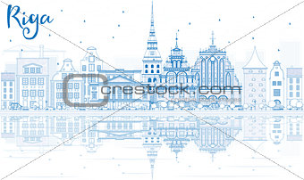 Outline Riga Skyline with Blue Landmarks and Reflections. 