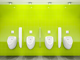 a green public restroom with four urinals 