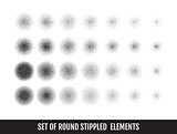 Set of black and white grainy dotwork circle elements. Retro halftone stippled backgrounds.