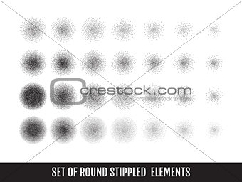 Set of black and white grainy dotwork circle elements. Retro halftone stippled backgrounds.
