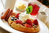 Breakfast series - Blueberry waffles with strawberries and sausages