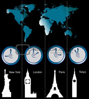 World map with clocks
