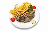 veal medalion with mushroom white sauce and french fries
