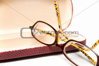 Eye glasses with case isolated on white background
