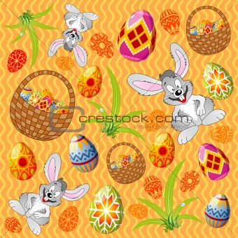 Easter pattern with eggs, rabbit and basket