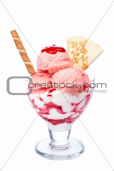 Strawberry ice cream in glass bowl