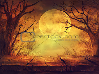 Spooky forest with full moon and wooden table