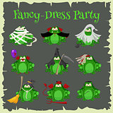 Halloween green toads fashion costume outfits. Cartoon style vector illustration isolated on white background