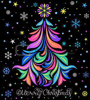 Christmas card with tree and snowflakes