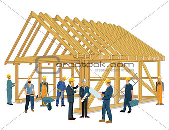 House construction with carpenter and craftsmen