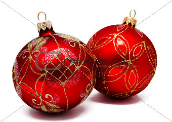 Two perfect red christmas balls isolated 