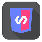 vector web development shield sign html5 javascript symbol icon on grey badge with long shadow