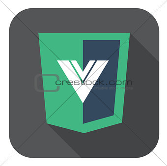 vector web development shield sign html5 javascript V letter symbol icon on grey badge with long shadow