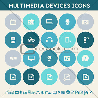 Multimedia icons. Multicolored flat buttons