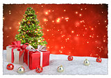 Christmas tree and gifts in snow on bokeh red background. 3D illustration