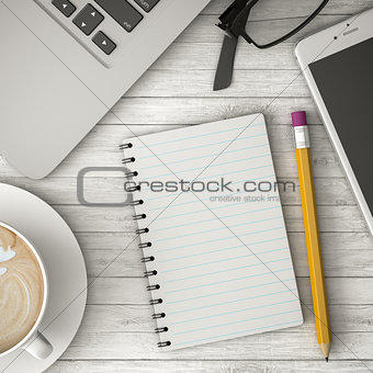 phone on the table, coffee and notebook 3d illustration