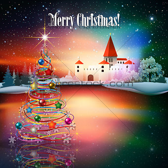 Abstract Christmas greeting with silhouette of castle