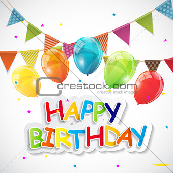 Color Glossy Happy Birthday Balloons, Flags Banner Background Ve